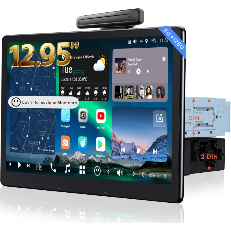[12.95" qled] android autoradio 1 din & 2 din, écran flottant voiture, agent ia& vision ia, liveview à distance, réveil à distan