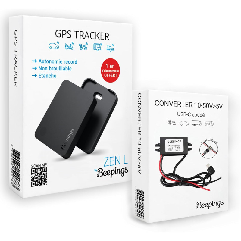 Tracker GPS ZEN L + Convertisseur - Non Brouillable - 1 An Abonnement Offert - Autonomie Illimitée - Géolocalisation Europe - Vo