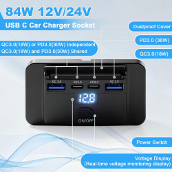 Thlevel Chargeur de Voiture pour téléphone Charge Rapide 12V Prise USB C Double 36W PD3.0 et Double 18W QC3.0 Étanche avec Voltm