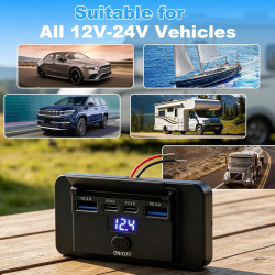 Thlevel Chargeur de Voiture pour téléphone Charge Rapide 12V Prise USB C Double 36W PD3.0 et Double 18W QC3.0 Étanche avec Voltm