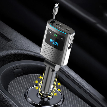 Adaptateur bleutooth 5.3 80,5 w pour voiture, allume-cigare 3 en 1, émetteur usb & fm, avec câble rétractable de type c de 1 m, 