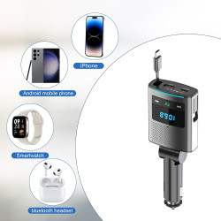Adaptateur bleutooth 5.3 80,5 w pour voiture, allume-cigare 3 en 1, émetteur usb & fm, avec câble rétractable de type c de 1 m, 