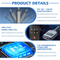Adaptateur bleutooth 5.3 80,5 w pour voiture, allume-cigare 3 en 1, émetteur usb & fm, avec câble rétractable de type c de 1 m, 
