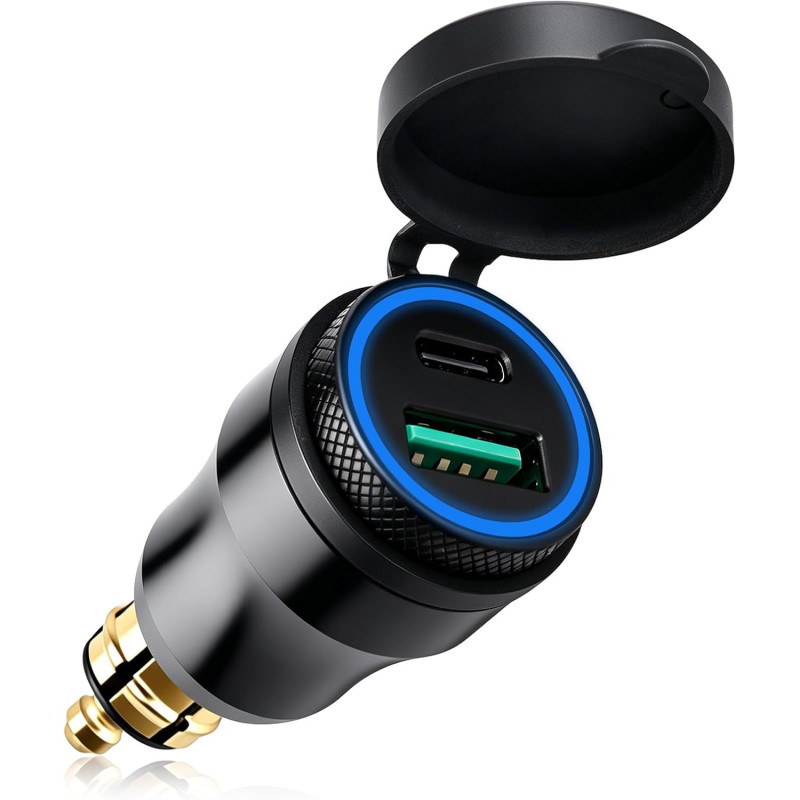 30W Chargeur USB Moto DIN Hella vers Type C PD & QC 3.0, Adaptateur Prise USB Moto Etanche 12V/24V en Aluminium avec LED, Allume