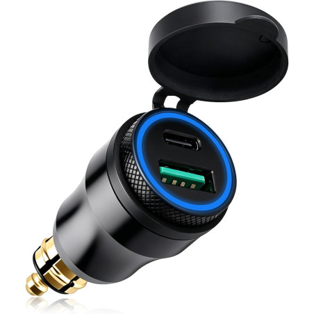 30W Chargeur USB Moto DIN Hella vers Type C PD & QC 3.0, Adaptateur Prise USB Moto Etanche 12V/24V en Aluminium avec LED, Allume