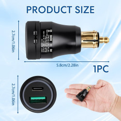 30W Chargeur USB Moto DIN Hella vers Type C PD & QC 3.0, Adaptateur Prise USB Moto Etanche 12V/24V en Aluminium avec LED, Allume
