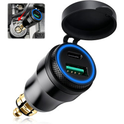 30W Chargeur USB Moto DIN Hella vers Type C PD & QC 3.0, Adaptateur Prise USB Moto Etanche 12V/24V en Aluminium avec LED, Allume
