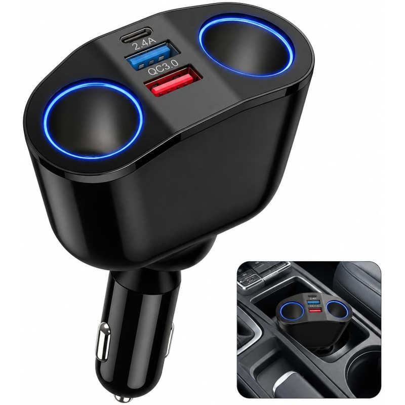 Double Allume Cigare USB C Prise Allume-Cigare Voiture avec 2 Ports USB, Prise USB C et Affichage LED, Chargeur USB Universel po
