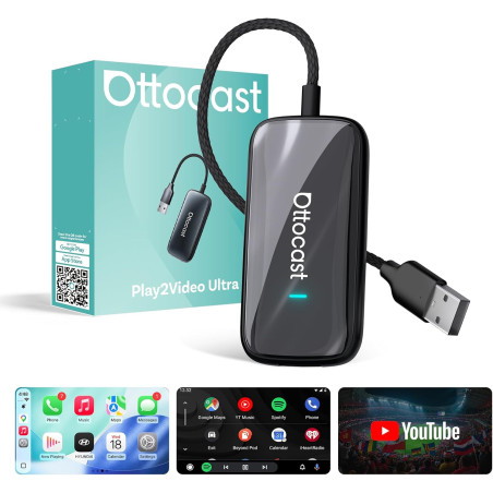 Ottocast play2video ultra, 3-en-1 boîtier ai pour netflix/youtube/prime video, adaptateur carplay sans fil & android auto avec c