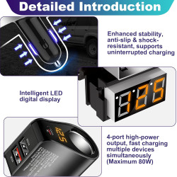 4 en 1 Chargeur Allume Cigare USB Cigare Charge PD 3W Rapide Chargeur Voiture KFZ Allume 80W 2 Ports USB-A 5V 3.1A/QC 3.0 Adapta
