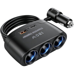 120W Prise Allume Cigare 12V/24V Chargeur Voiture Rapide avec 3 Prises et Ports USB C PD 3.0 & QC 3.0, Adaptateur Allume Cigare 