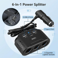 120W Prise Allume Cigare 12V/24V Chargeur Voiture Rapide avec 3 Prises et Ports USB C PD 3.0 & QC 3.0, Adaptateur Allume Cigare 