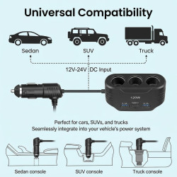 120W Prise Allume Cigare 12V/24V Chargeur Voiture Rapide avec 3 Prises et Ports USB C PD 3.0 & QC 3.0, Adaptateur Allume Cigare 