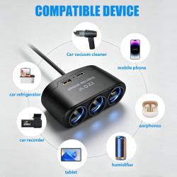 120W Prise Allume Cigare 12V/24V Chargeur Voiture Rapide avec 3 Prises et Ports USB C PD 3.0 & QC 3.0, Adaptateur Allume Cigare 