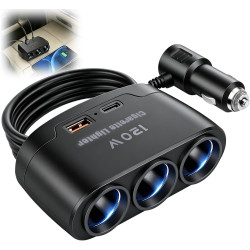 120W Prise Allume Cigare 12V/24V Chargeur Voiture Rapide avec 3 Prises et Ports USB C PD 3.0 & QC 3.0, Adaptateur Allume Cigare 