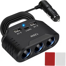 120W Multiprise Allume Cigare 12V/24V avec 3 Prises & Chargeur Voiture USB C + 2 USB, Adaptateur Splitter Voiture avec Interrupt