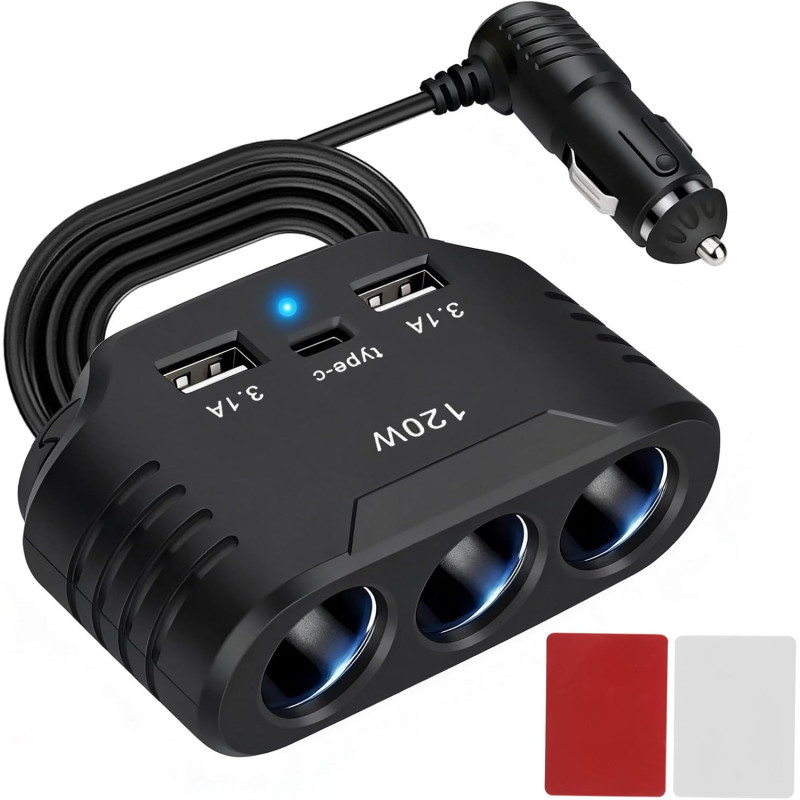 120W Multiprise Allume Cigare 12V/24V avec 3 Prises & Chargeur Voiture USB C + 2 USB, Adaptateur Splitter Voiture avec Interrupt