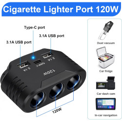 120W Multiprise Allume Cigare 12V/24V avec 3 Prises & Chargeur Voiture USB C + 2 USB, Adaptateur Splitter Voiture avec Interrupt