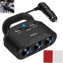 120W Multiprise Allume Cigare 12V/24V avec 3 Prises & Chargeur Voiture USB C + 2 USB, Adaptateur Splitter Voiture avec Interrupt