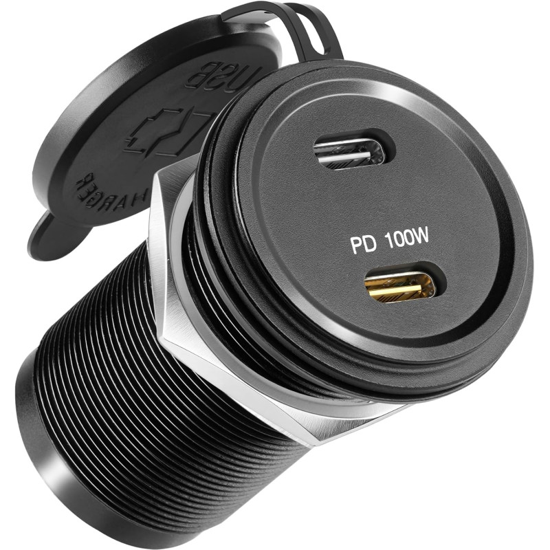 acegoo Prise USB 12V 100W PD3.0 et 20W PD, Camping-Car Voiture Aluminium Ordinateurs Portables USB-C Chargeur, Etanche Charge Ra