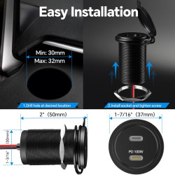 acegoo Prise USB 12V 100W PD3.0 et 20W PD, Camping-Car Voiture Aluminium Ordinateurs Portables USB-C Chargeur, Etanche Charge Ra