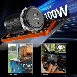 acegoo Prise USB 12V 100W PD3.0 et 20W PD, Camping-Car Voiture Aluminium Ordinateurs Portables USB-C Chargeur, Etanche Charge Ra