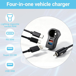 4 en 1 Chargeur Allume Cigare USB C Rapide, Prise Allume Cigare 12V/24V, 66W 2 Port USB-A 30W USB-C 3.1A, Chargeur Voiture pour 