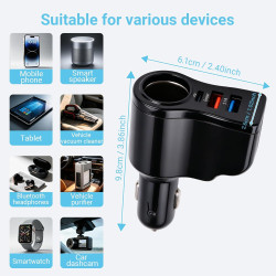 4 en 1 Chargeur Allume Cigare USB C Rapide, Prise Allume Cigare 12V/24V, 66W 2 Port USB-A 30W USB-C 3.1A, Chargeur Voiture pour 