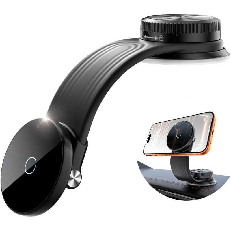 Support Téléphone Voiture Magnétique, Ventouse à Vide avec Bras en Alliage Flexible & Rotation 360°, Support Tableau de Bord & P