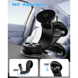 Support Téléphone Voiture Magnétique, Ventouse à Vide avec Bras en Alliage Flexible & Rotation 360°, Support Tableau de Bord & P