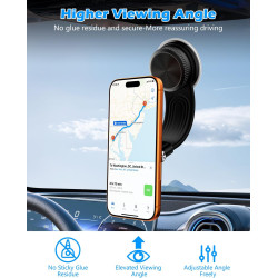 Support Téléphone Voiture Magnétique, Ventouse à Vide avec Bras en Alliage Flexible & Rotation 360°, Support Tableau de Bord & P