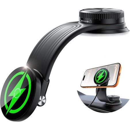 Support Voiture Chargeur sans Fil Magnétique 15W, Bras Flexible en Aluminium Réglable 360°, Ventouse Adhésive Améliorée, Support