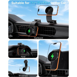 Support Voiture Chargeur sans Fil Magnétique 15W, Bras Flexible en Aluminium Réglable 360°, Ventouse Adhésive Améliorée, Support