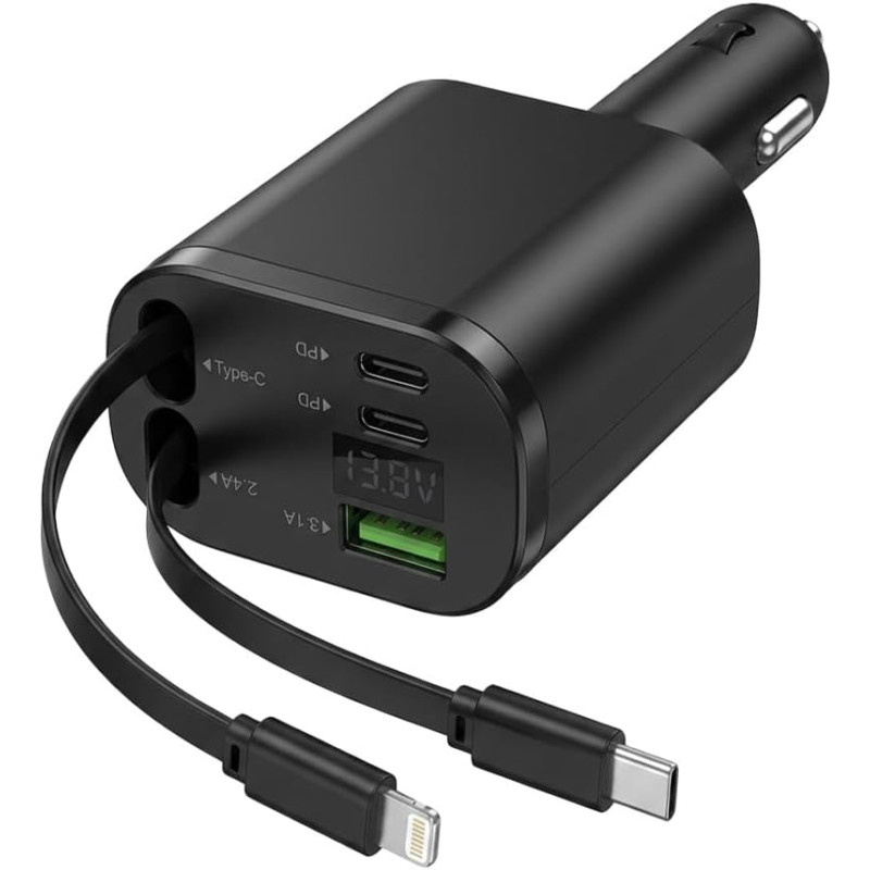 Chargeur Allume Cigare 5 en 1 Rétractable 100W, Chargeur Voiture USB C avec Affichage Numérique, PD 3.0 Charge Rapide, 2 Câbles 