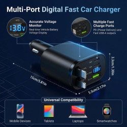 Chargeur Allume Cigare 5 en 1 Rétractable 100W, Chargeur Voiture USB C avec Affichage Numérique, PD 3.0 Charge Rapide, 2 Câbles 