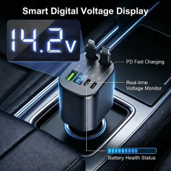 Chargeur Allume Cigare 5 en 1 Rétractable 100W, Chargeur Voiture USB C avec Affichage Numérique, PD 3.0 Charge Rapide, 2 Câbles 
