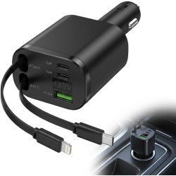 Chargeur Allume Cigare 5 en 1 Rétractable 100W, Chargeur Voiture USB C avec Affichage Numérique, PD 3.0 Charge Rapide, 2 Câbles 