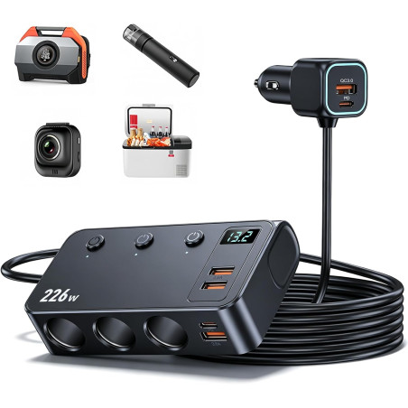 Prise Allume Cigare, 9 en 1 226W Adaptateur Allume Cigare USB avec 3 Prises, 2 Ports USB-C PD et 4 Ports USB, Chargeur Allume Ci