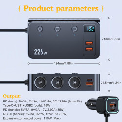 Prise Allume Cigare, 9 en 1 226W Adaptateur Allume Cigare USB avec 3 Prises, 2 Ports USB-C PD et 4 Ports USB, Chargeur Allume Ci