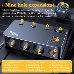 Prise Allume Cigare, 9 en 1 226W Adaptateur Allume Cigare USB avec 3 Prises, 2 Ports USB-C PD et 4 Ports USB, Chargeur Allume Ci