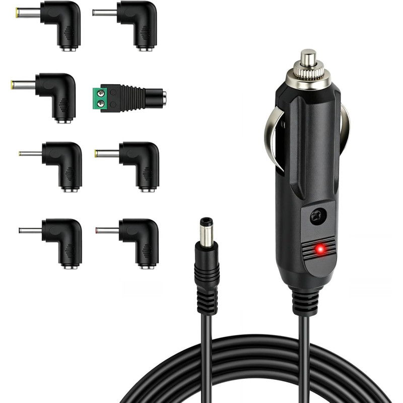 24W Chargeur de Voiture Universel DC 12V 2A, Câble d'alimentation Allume 5.5x2.1mm Cigare avec 8 Connecteurs Adaptateur Auto pou