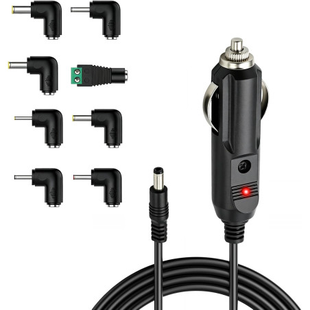 24W Chargeur de Voiture Universel DC 12V 2A, Câble d'alimentation Allume 5.5x2.1mm Cigare avec 8 Connecteurs Adaptateur Auto pou