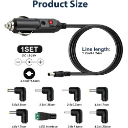 24W Chargeur de Voiture Universel DC 12V 2A, Câble d'alimentation Allume 5.5x2.1mm Cigare avec 8 Connecteurs Adaptateur Auto pou