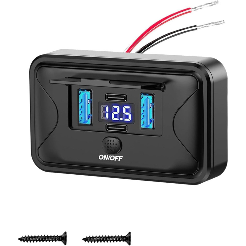 Prise USB 12 V en saillie 84 W 4 ports 2 x PD3.0 et 2 x QC3.0 Charge rapide avec interrupteur et voltmètre LED bleu pour camping