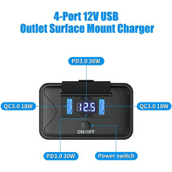 Prise USB 12 V en saillie 84 W 4 ports 2 x PD3.0 et 2 x QC3.0 Charge rapide avec interrupteur et voltmètre LED bleu pour camping