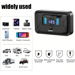 Prise USB 12 V en saillie 84 W 4 ports 2 x PD3.0 et 2 x QC3.0 Charge rapide avec interrupteur et voltmètre LED bleu pour camping