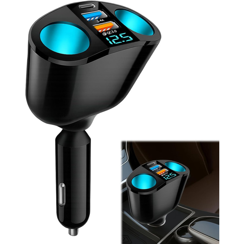Adaptateur Allume-Cigare USB-C pour Voiture, Charge Ultra-Rapide 66 W QC3.0 avec Rotation à 360°, Charge simultanée de Plusieurs