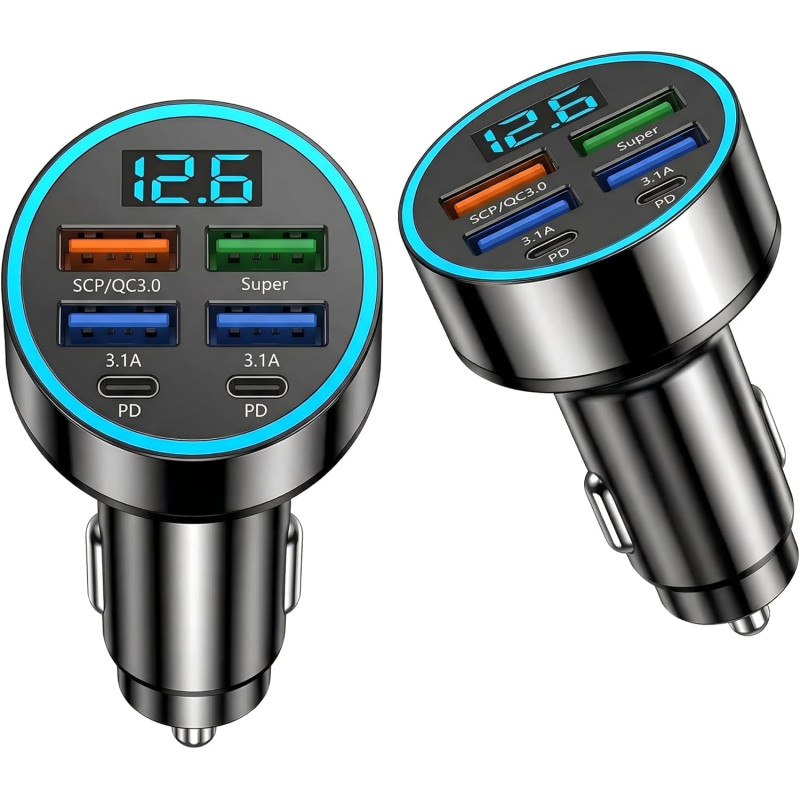 Chargeur Allume Cigare, Allume Cigare USB C Puissance 66W, Adaptateur Allume Cigare 6 Ports, Chargeur Voiture Rapide 66W, Prise 