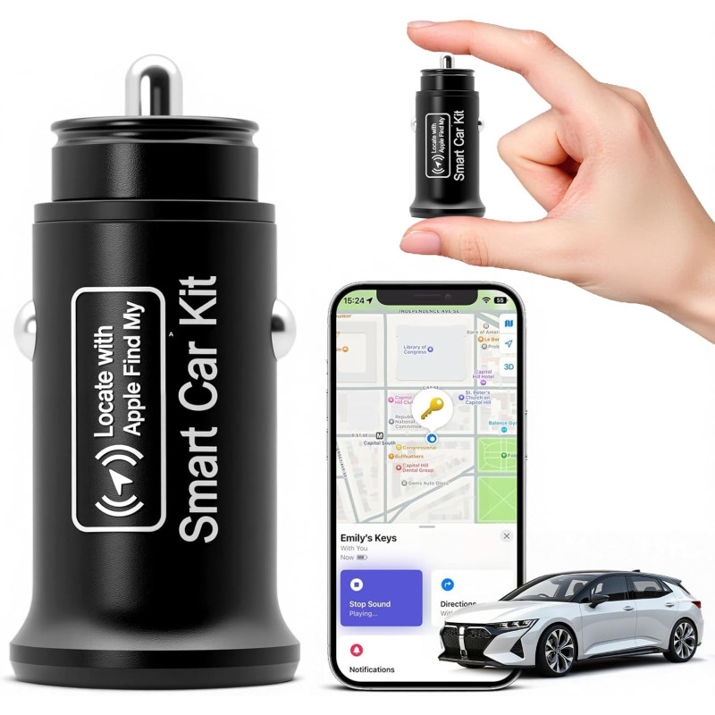 Chargeur de voiture intelligent et traceur GPS [certifié MFi ] : chargeur rapide double USB-C/A 20 W avec localisation Apple « O