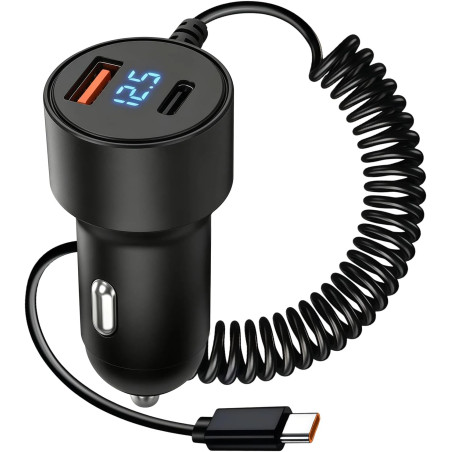 Chargeur Voiture USB C Rapide 100W avec Câble Spiralé 1,5 m, Allume Cigare 3 Ports avec USB-A etUSB-C PD, Prise Allume Cigare 12